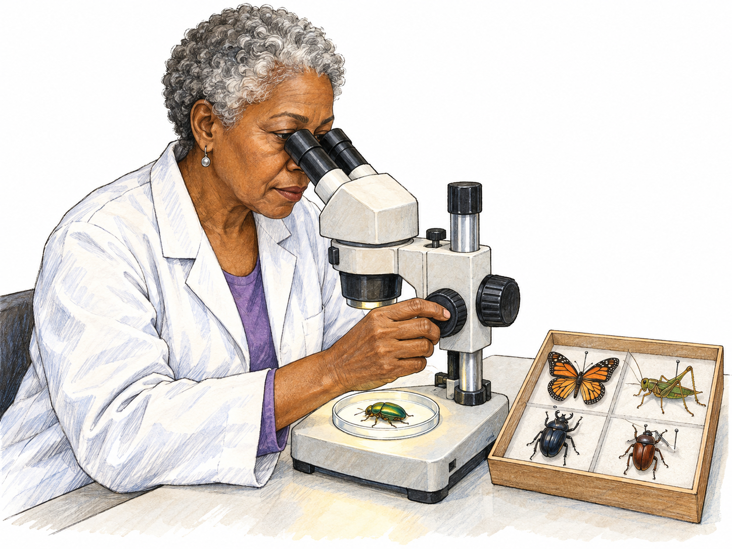 An entomologist examines a beetle beneath a stereo microscope beside an orderly specimen tray containing recognizable insects, making both insects and systematic scientific examination visible.