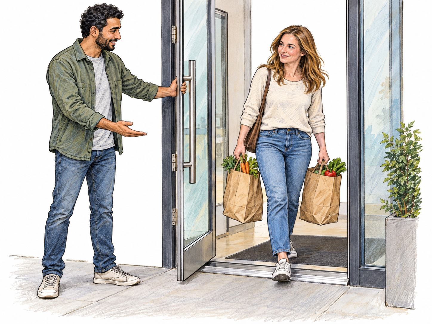 A man courteously holds a heavy entrance door open and steps aside so a woman carrying grocery bags can pass through first.