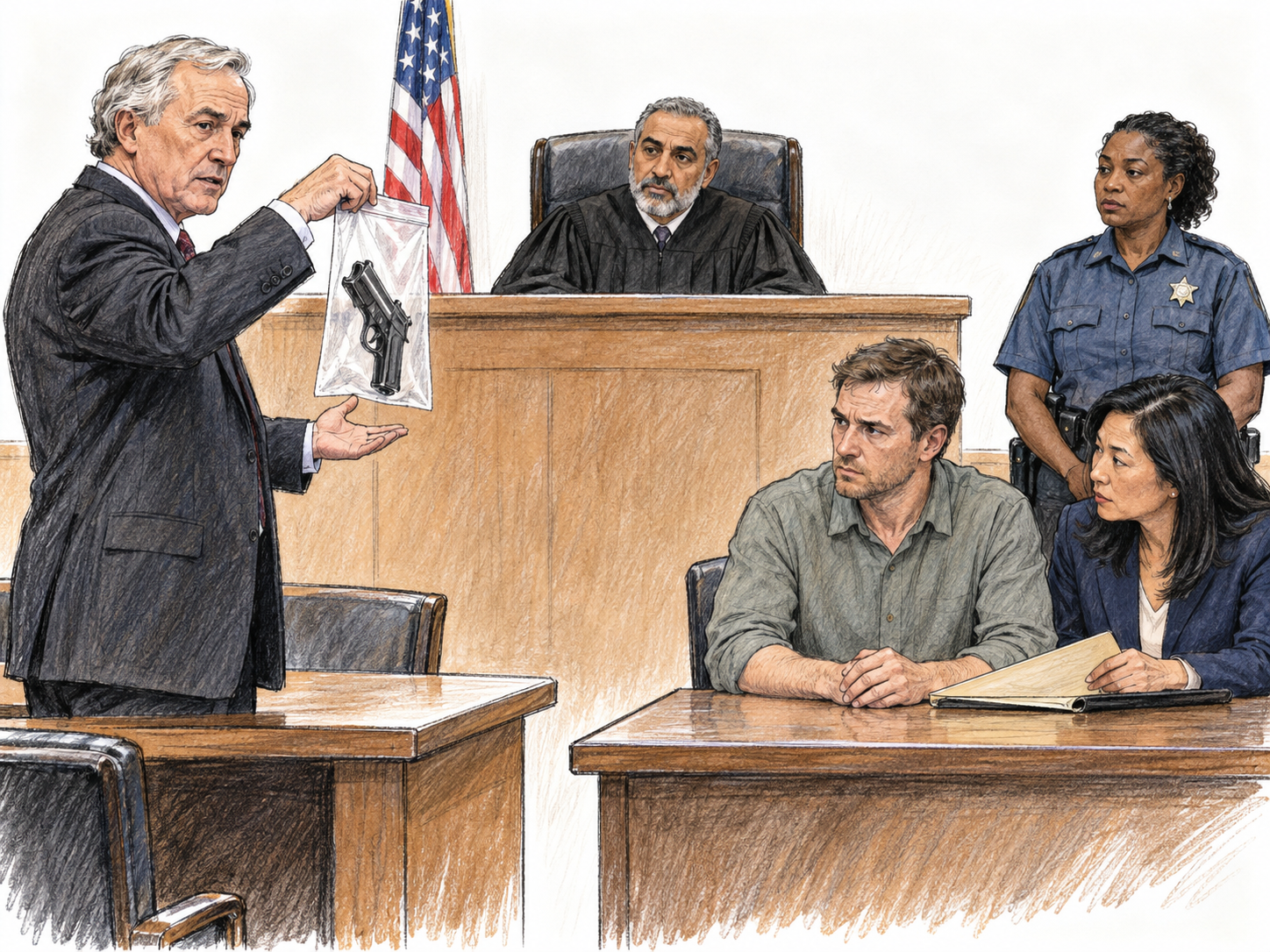 A prosecutor presents bagged criminal evidence to a judge from a separate counsel table, facing an accused person seated with a defense lawyer and guarded by a uniformed court officer.