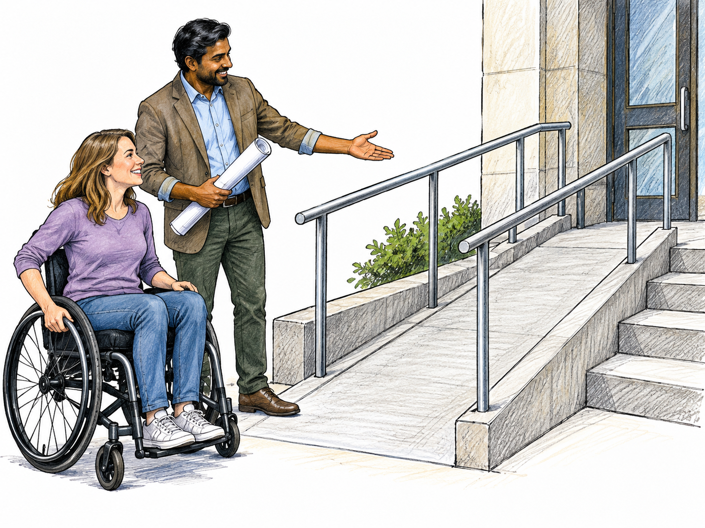 An architect and wheelchair user inspect a newly added practical entrance ramp beside previously inaccessible steps, emphasizing a meaningful change with actual effect; only a doorway section and ramp.