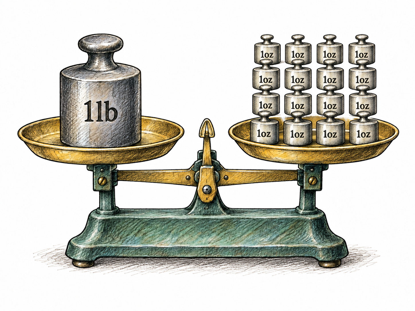 A plain one-pound weight balances sixteen identical one-ounce weights on a kitchen-style balance; essential short markings1lb and1oz only, accurately countable.