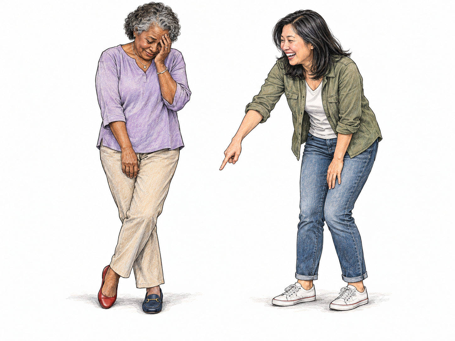 A woman embarrasses another woman by openly laughing and pointing at her mismatched shoes; the singled-out woman turns inward, partly covers her face, and tries to hide one shoe behind the other.