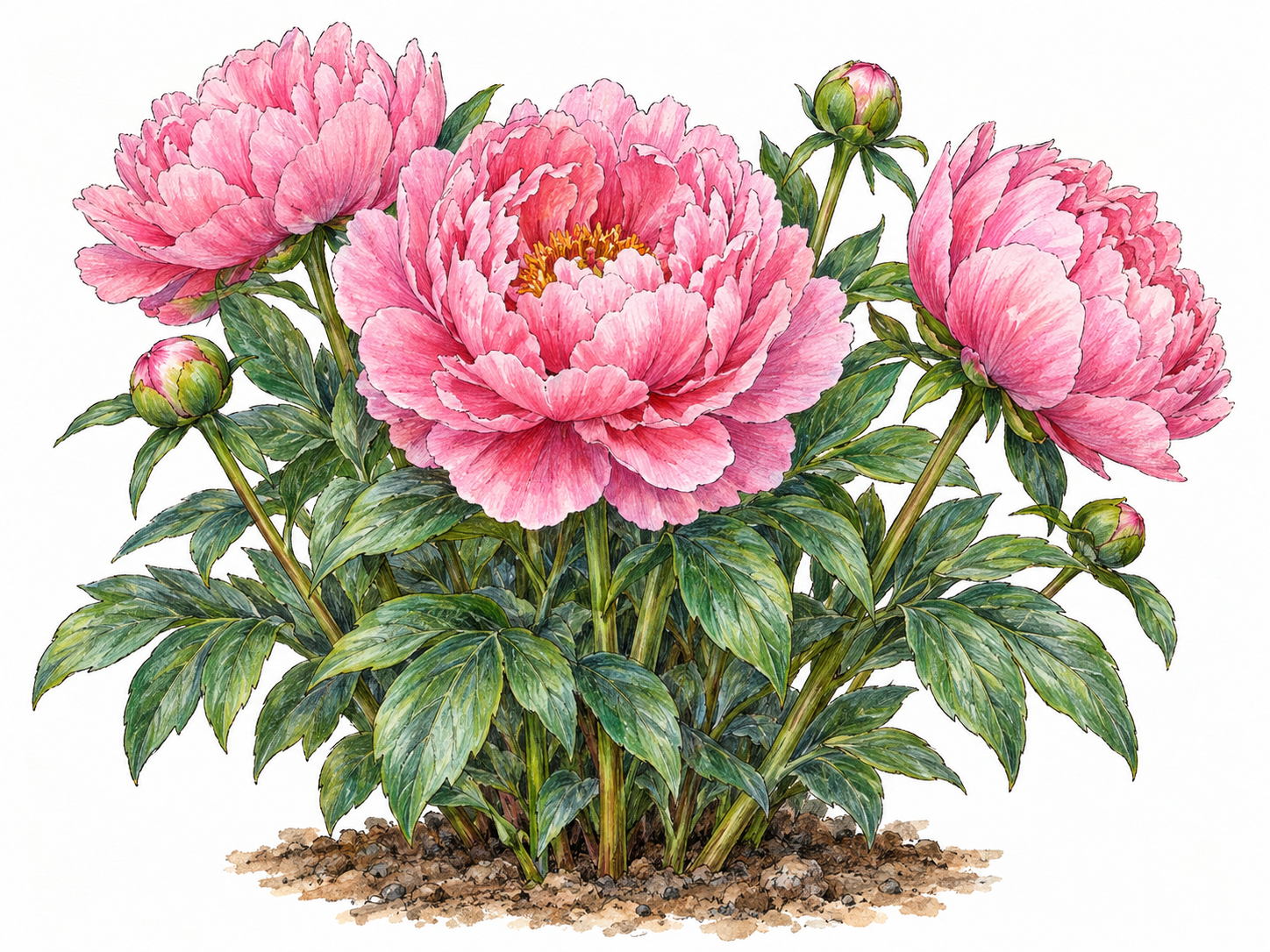 A living herbaceous peony growing in a small garden patch, with large pink, densely ruffled blooms, round buds, and characteristic divided green foliage.