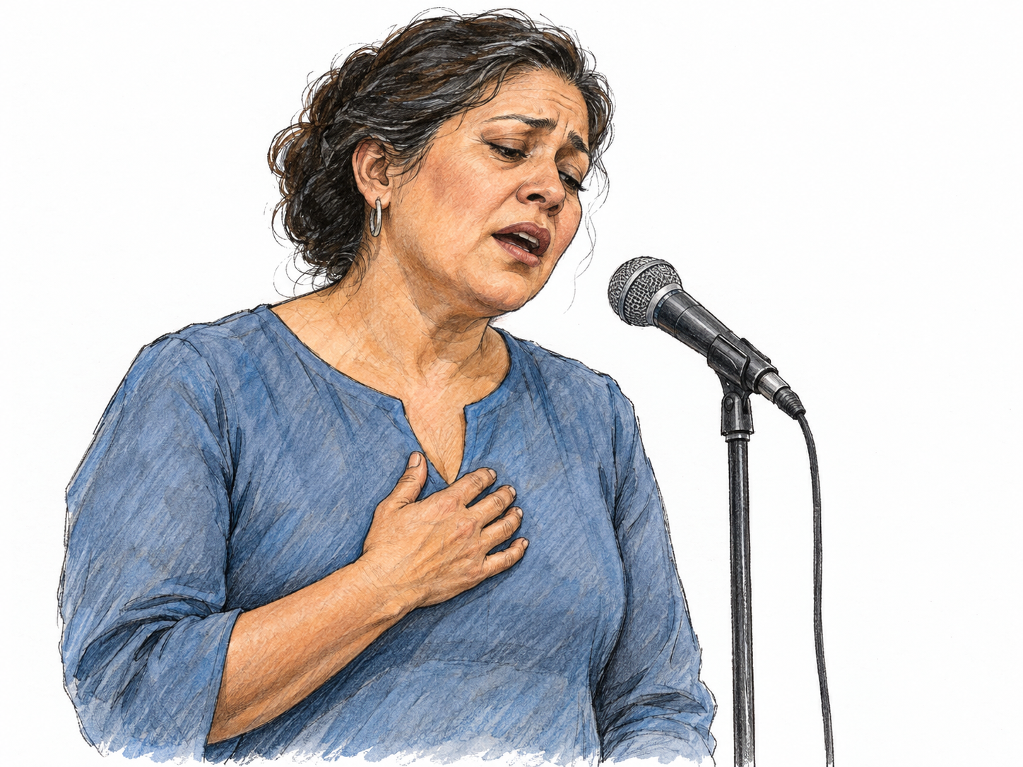 A middle-aged Latino woman sings a mournful solo, her gently open mouth, sorrowful expression and restrained posture suggesting a plaintive sound.