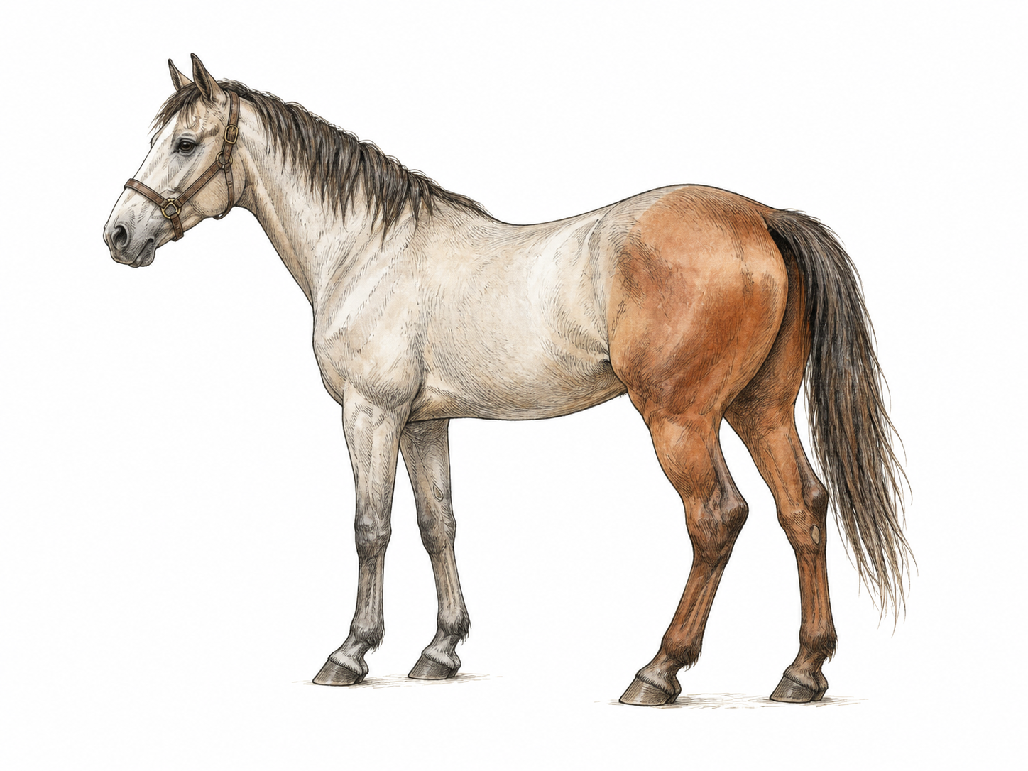 Side view of a horse, rear two legs and hindquarters gently emphasized with warmer wash, front body pale; clear back-of-animal location.