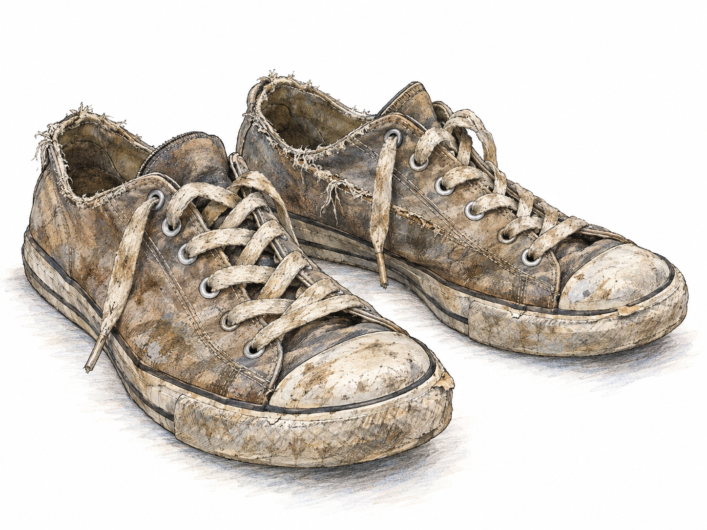 A pair of filthy, battered canvas sneakers with ground-in grime, frayed fabric, stained laces, and peeling rubber edges makes the dirty, shabby appearance immediately visible.