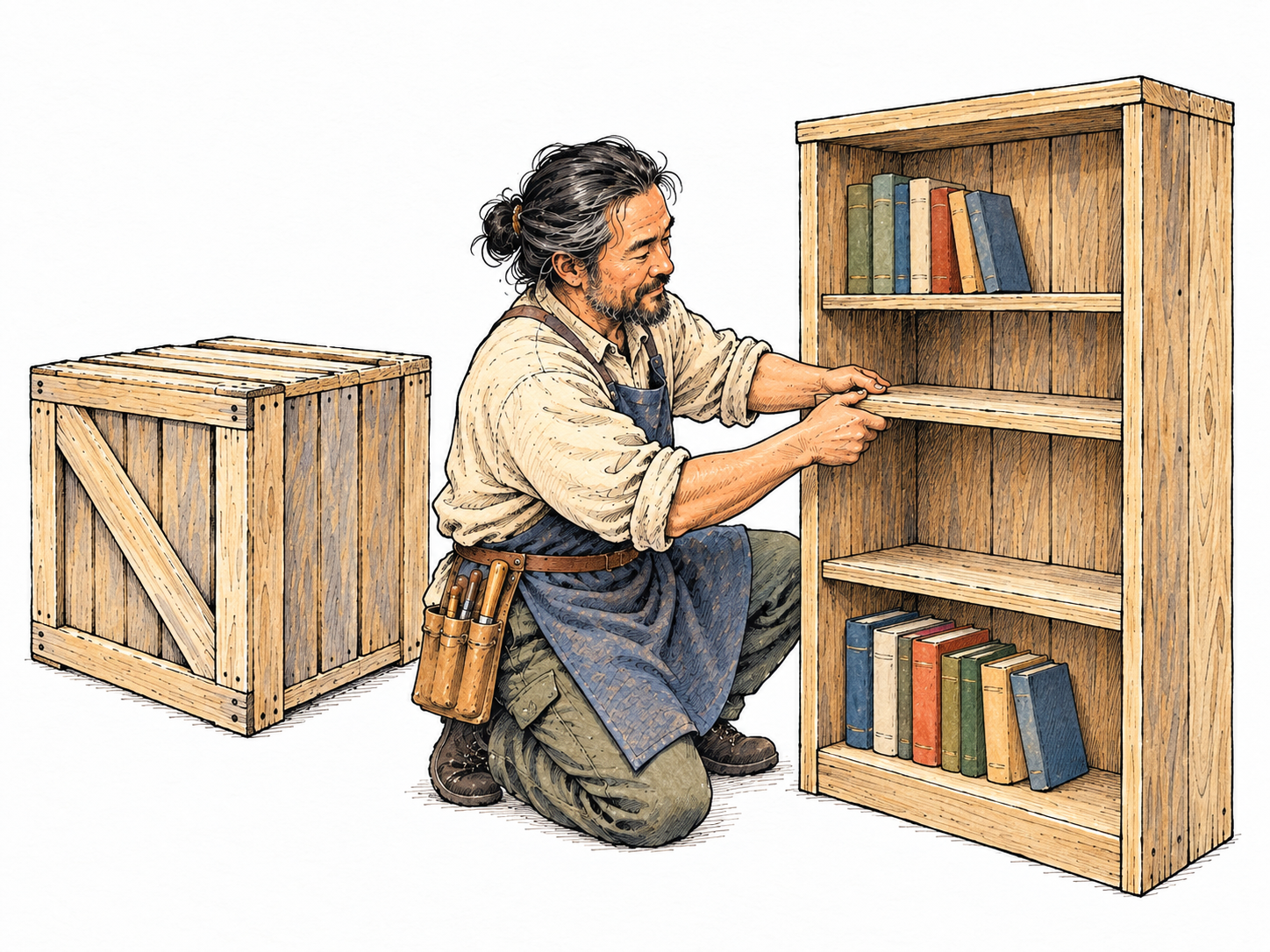 A middle-aged East Asian carpenter transforms an old wooden shipping crate into a bookcase.