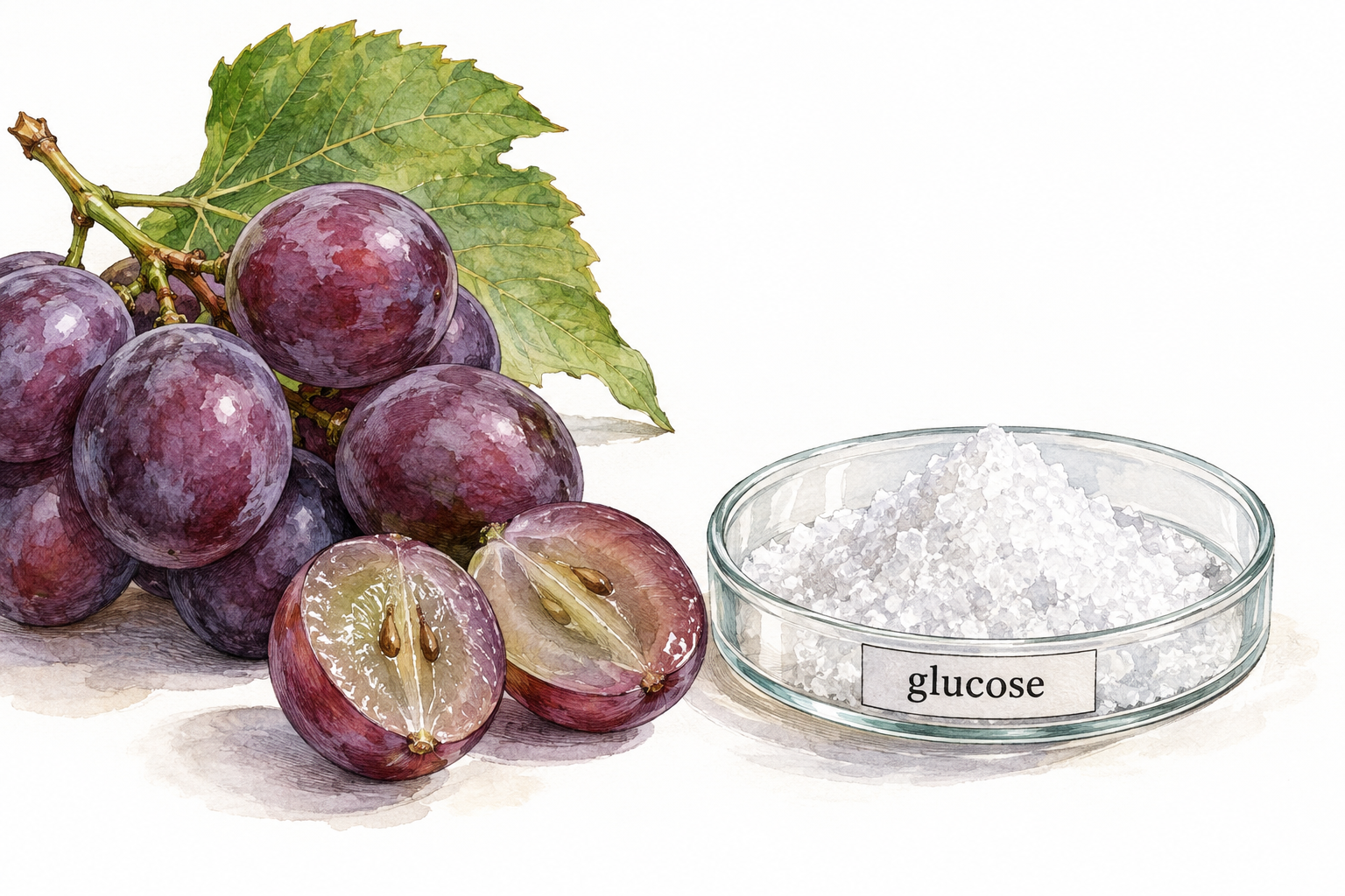 Clean educational still life of glucose sugar crystals beside grapes and a simple six-member molecular ring drawn without letters, no definitions.