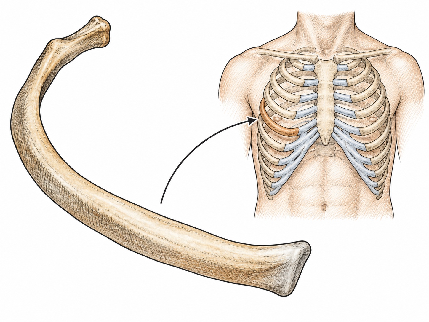 One anatomically accurate curved human rib is emphasized in dark ink beside a small simplified outline of an adult chest showing where that curved bone fits around the side.