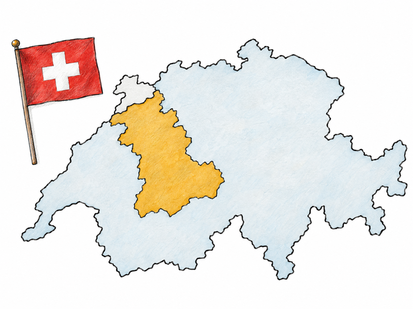 One flat map of Switzerland with only the canton of Bern highlighted in ochre, accompanied by a small Swiss flag.