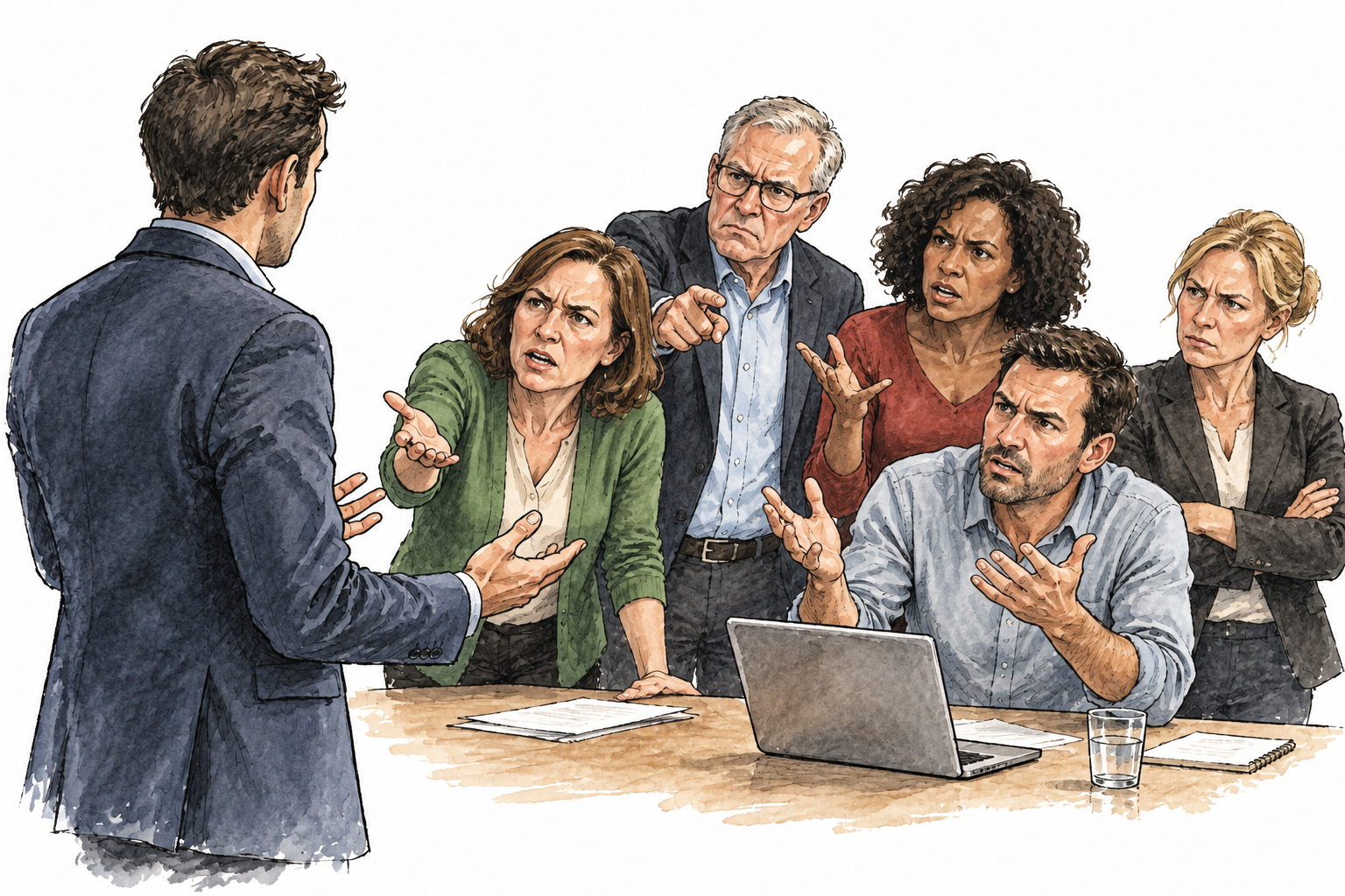 A presenter faces several displeased colleagues pointing and objecting.