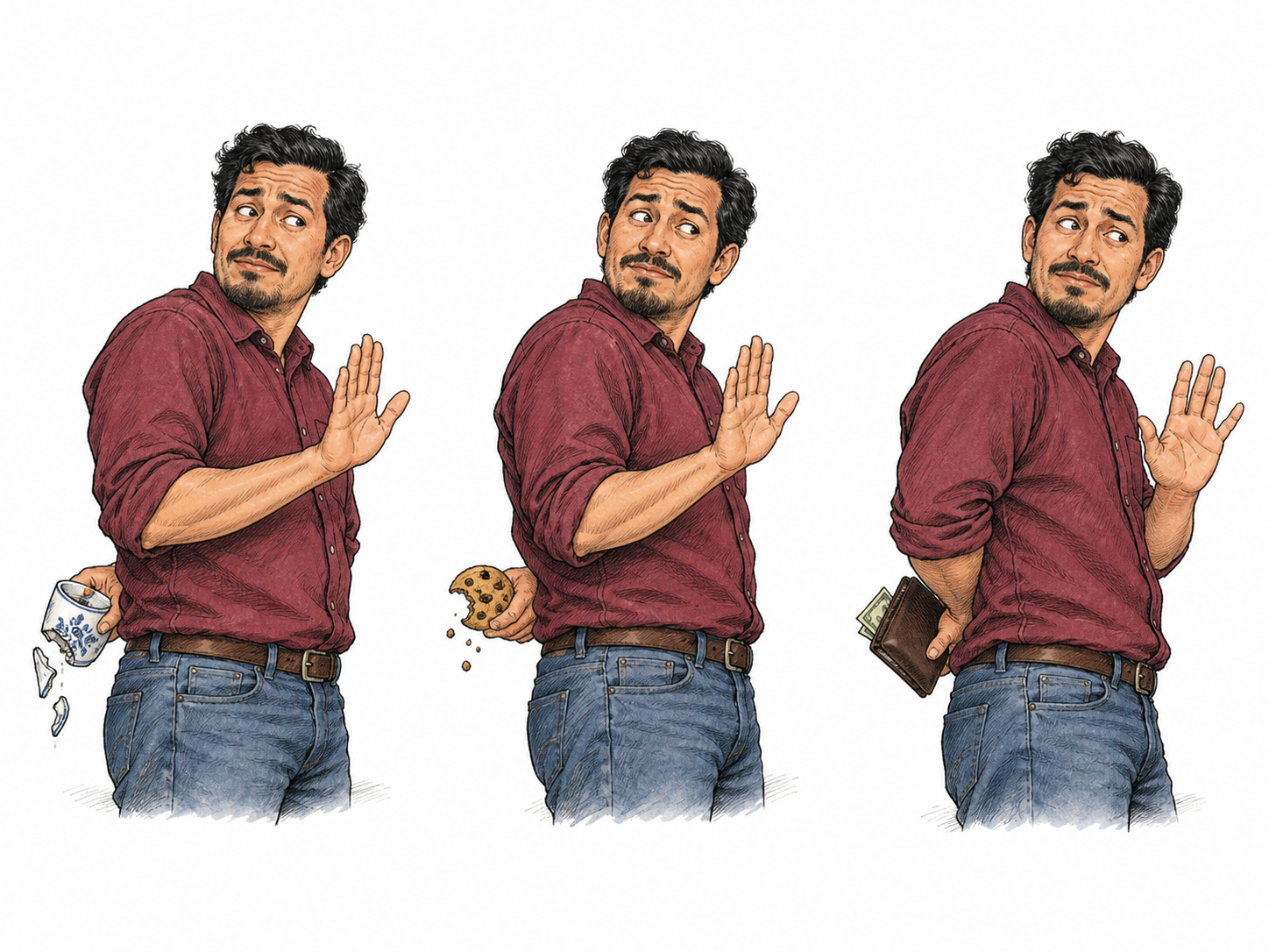Three adjacent small moments of the same adult telling falsehoods: repeatedly raising a denying palm while hiding a broken cup, then a taken cookie, then a missing wallet behind his back, with evidence visible.