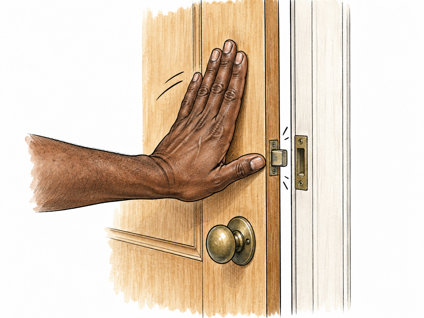 Adult hand pushes a simple door shut until latch meets frame, closure action obvious, no text.