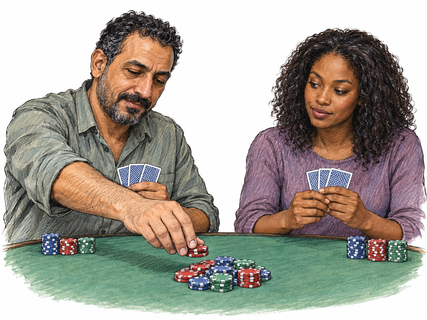 A poker player pushes a small stack of chips into the central betting pot while keeping his cards concealed, making the stake visibly something committed to a risky wager.