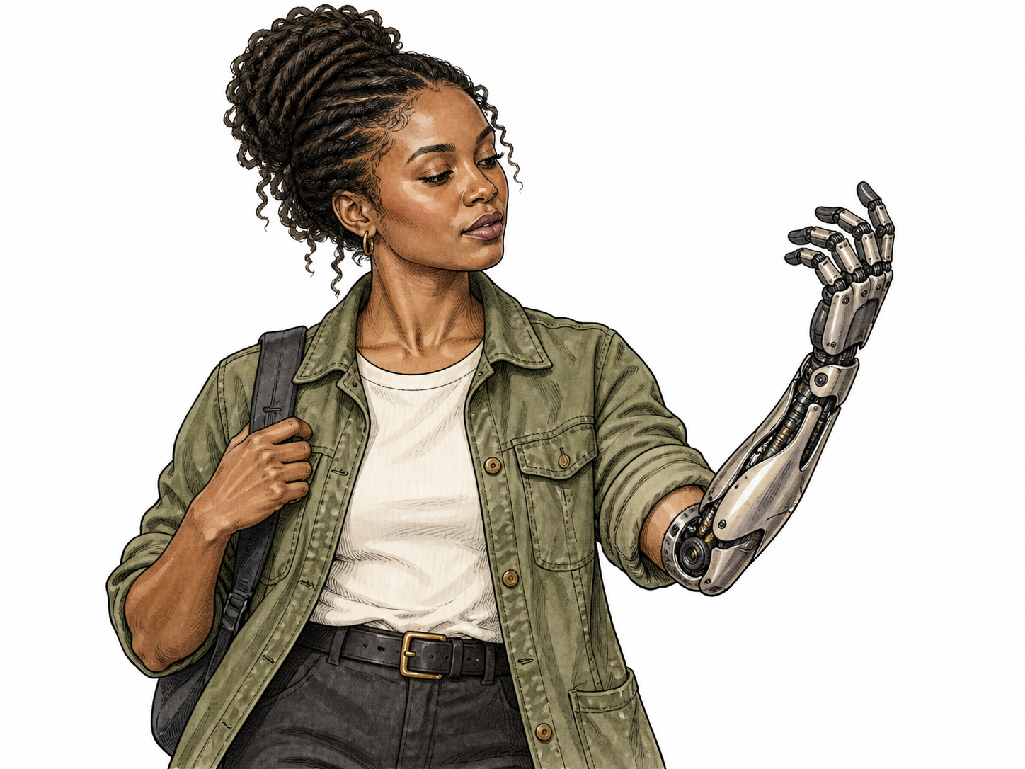 Realistic Black woman cyborg with visible integrated mechanical forearm, fully clothed.