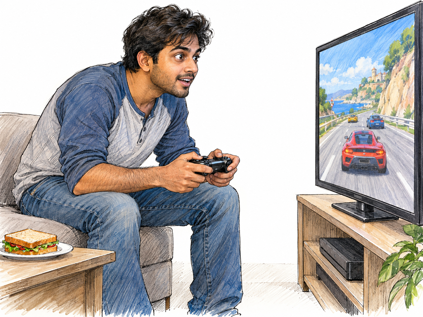 A young man is utterly absorbed in a video game, leaning toward the screen with an eager, fixed gaze and gripping the controller while an untouched meal sits beside him.