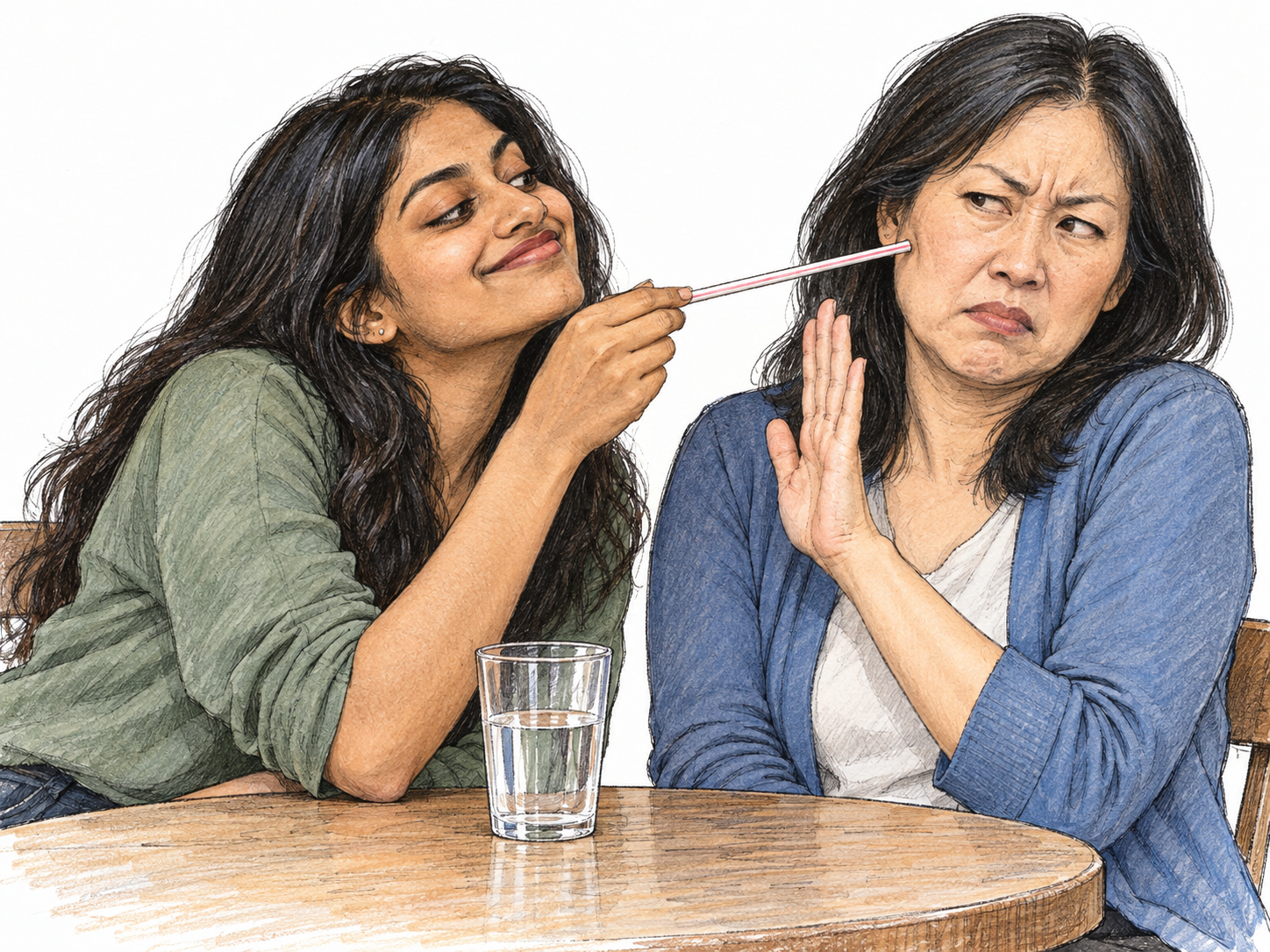 A smug young woman deliberately pokes her companion's cheek with a drinking straw while the companion pulls away and blocks it, visibly exasperated: a concrete example of an annoying fool.