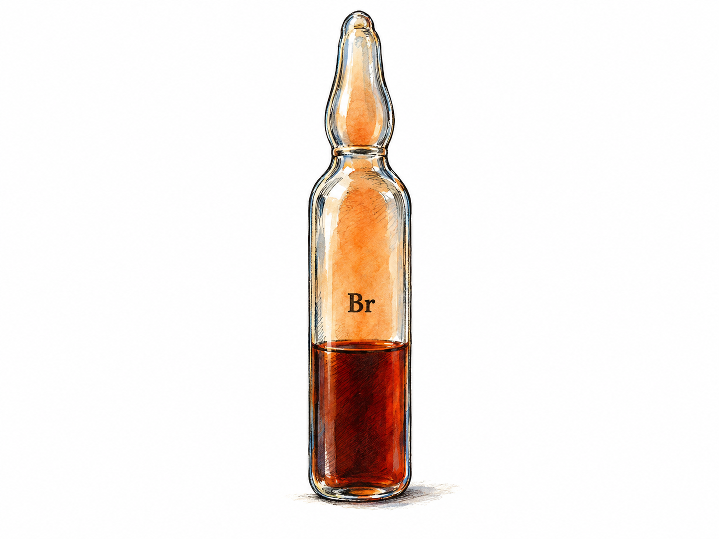 A sealed clear-glass bromine ampoule containing dark reddish-brown liquid with red-brown vapor above it; a tiny intrinsic chemical marking identifies the element.