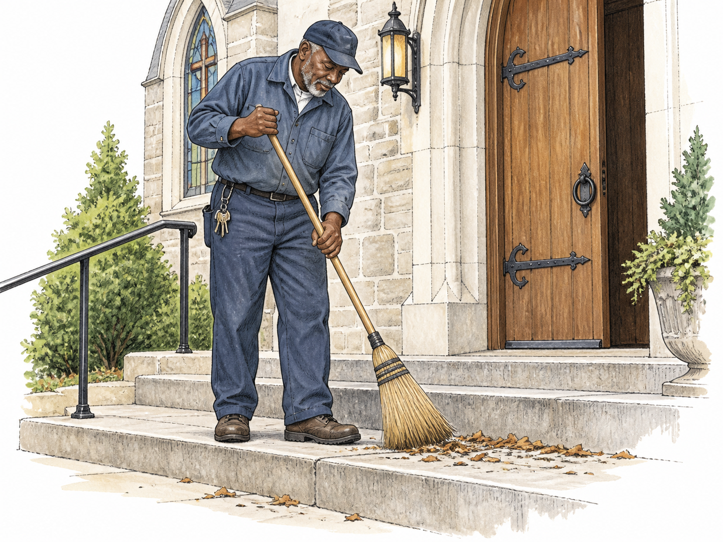 Church sexton sweeps the church steps with a broom, keys at waist and simple church doorway establish building maintenance, no text or graves required.