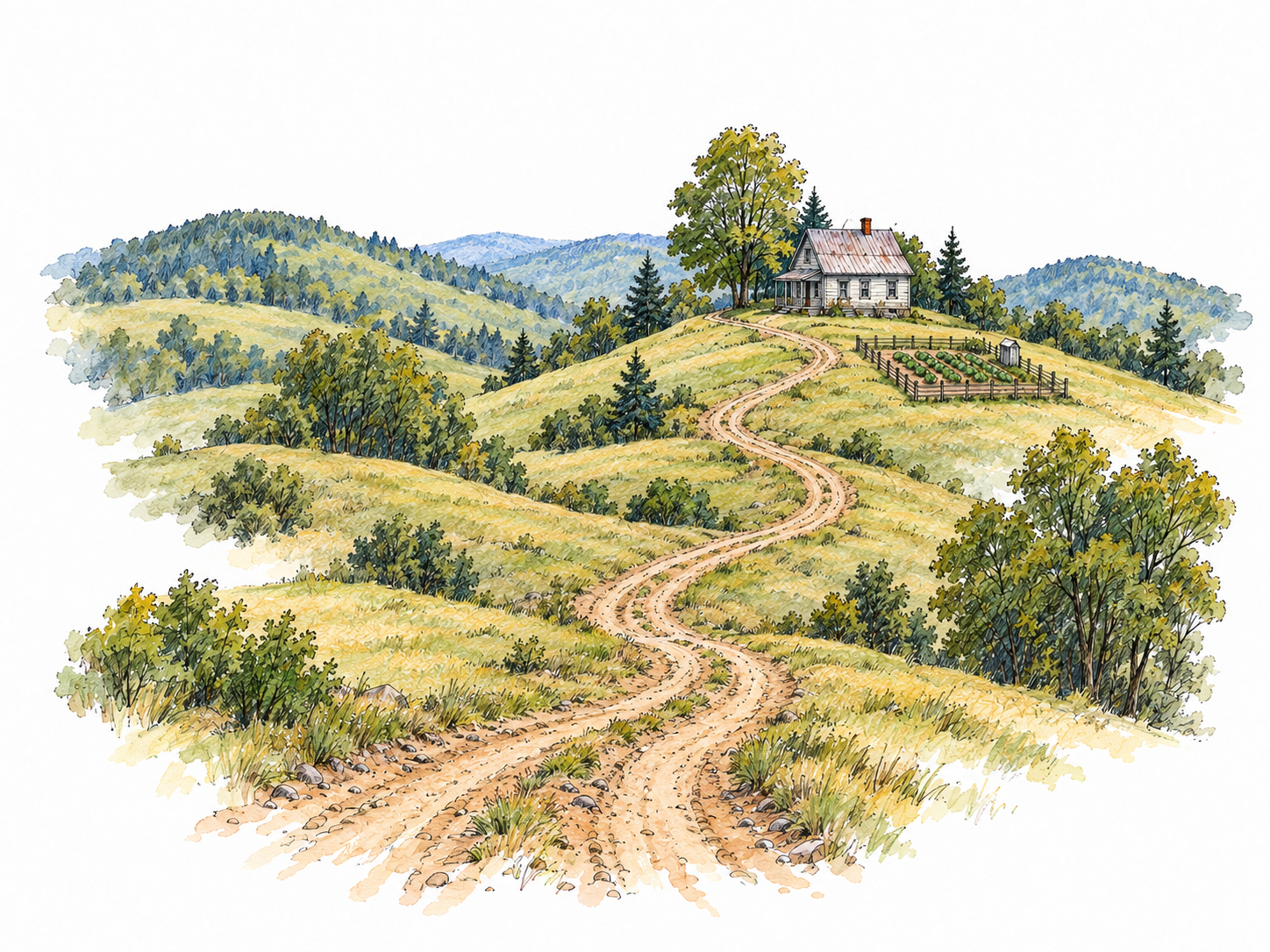 An isolated rural homestead reached by a long, rough dirt track winding across empty wooded hills, with no neighboring settlement visible.