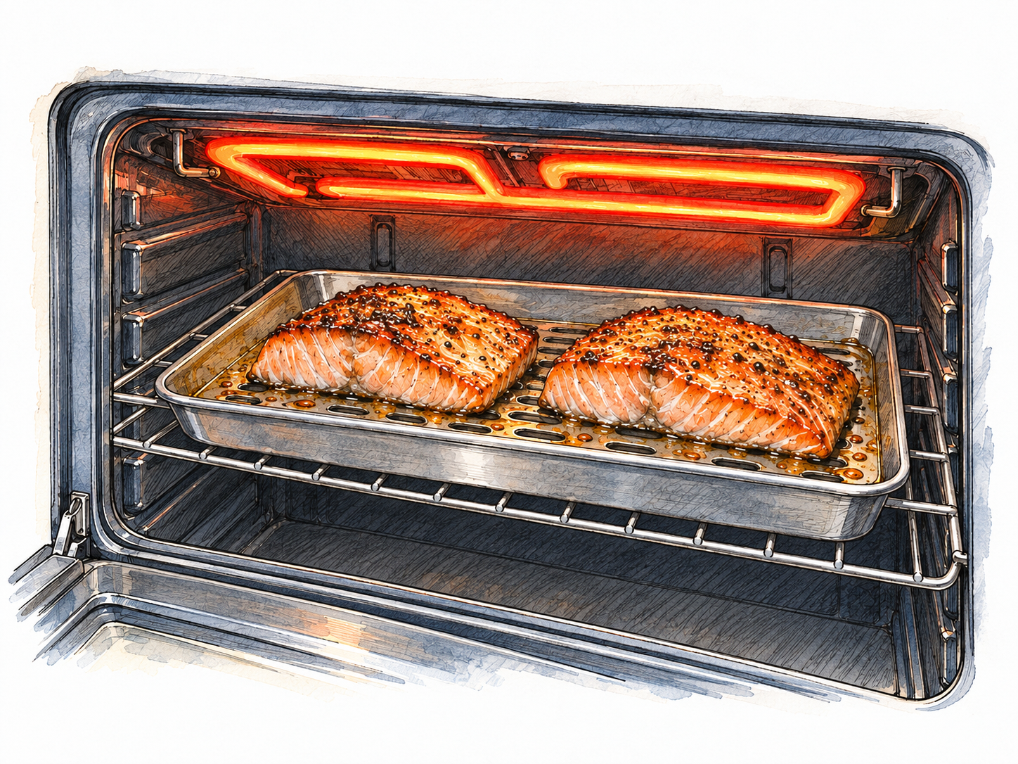 A close view inside an open oven shows food browning on a shallow broiler pan immediately beneath a glowing upper heating element, making strong direct overhead heat unmistakable.