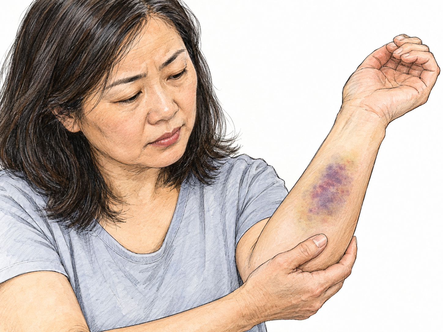 A close view of a woman's forearm with a distinct purple-blue bruise beneath visibly intact skin; her other hand gently supports the arm without covering the injury.