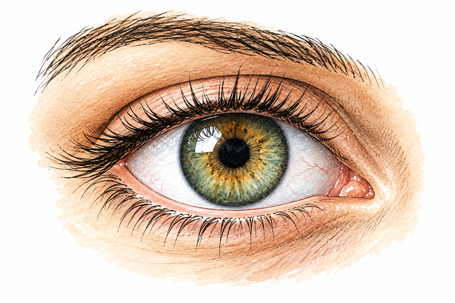 Detailed healthy human eye with iris pupil lashes and sclera, natural editorial ink, no labels.