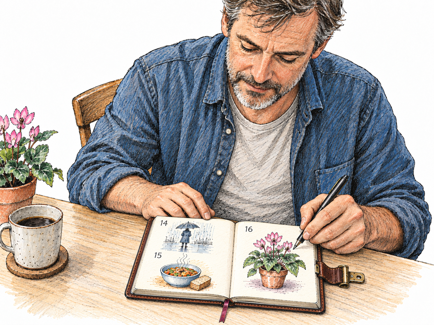 A man privately adds an entry to a small lockable diary, whose consecutive dated sections contain personal sketches of everyday experiences.