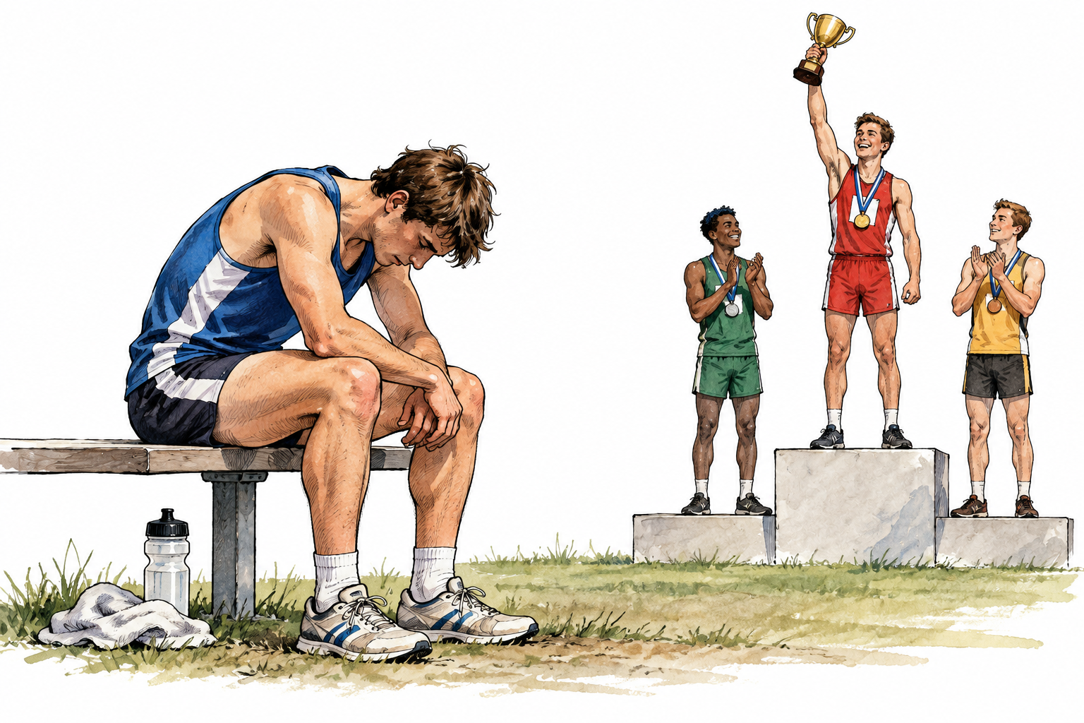 Young adult athlete seated alone with shoulders slumped after loss, trophy awarded to distant rival, natural sadness, no writing.