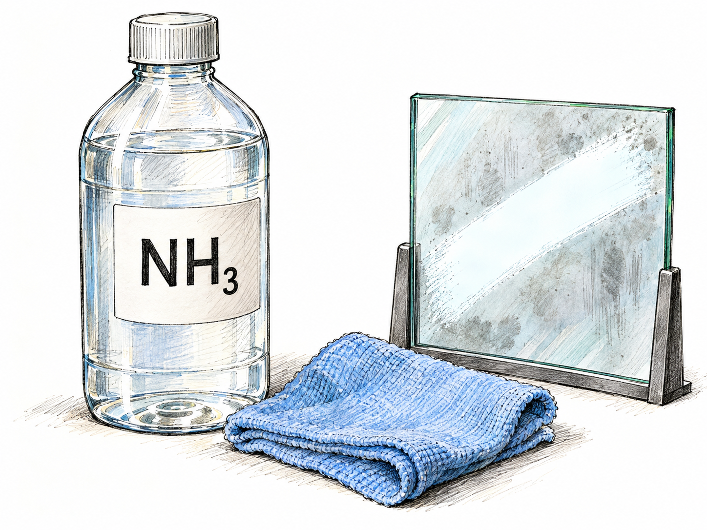 A bottle of ammonia cleaning solution marked only NH₃, beside a damp cleaning cloth and a small glass pane with a visibly cleaned swath.