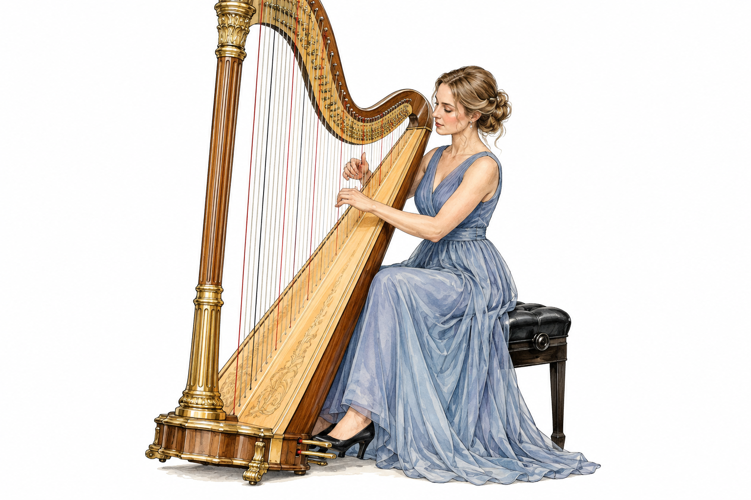 White female harpist plucks full-size pedal harp seated correctly with feet near pedals.