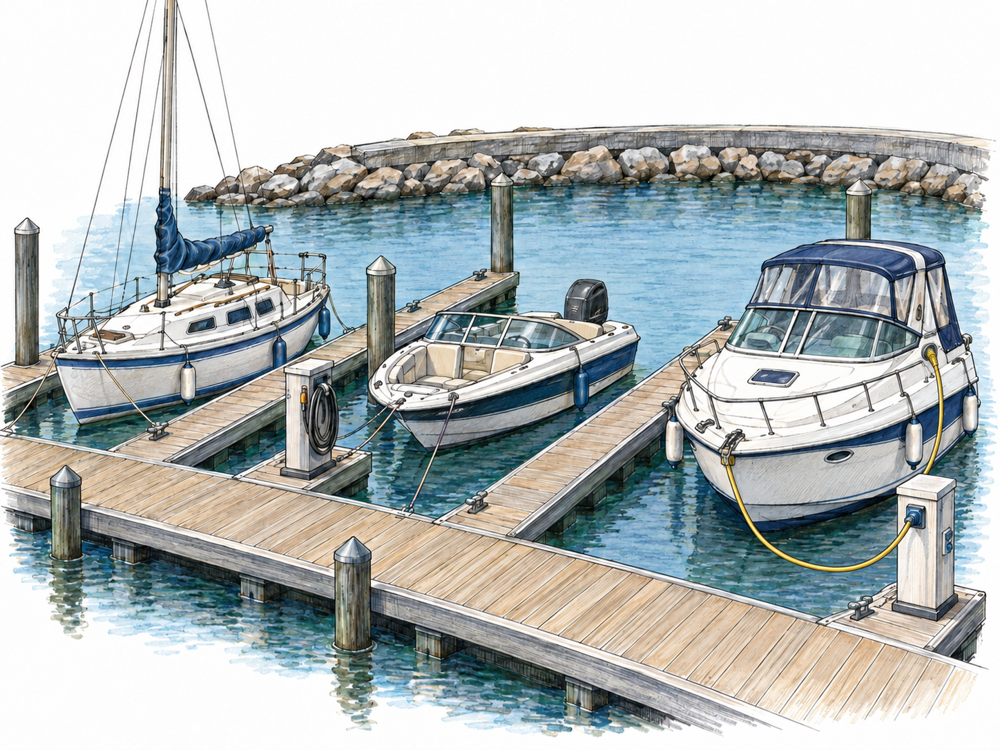 A compact sheltered marina with pleasure boats secured in finger slips, visible dockside utility hookups, and a fuel hose serving a small recreational motorboat.