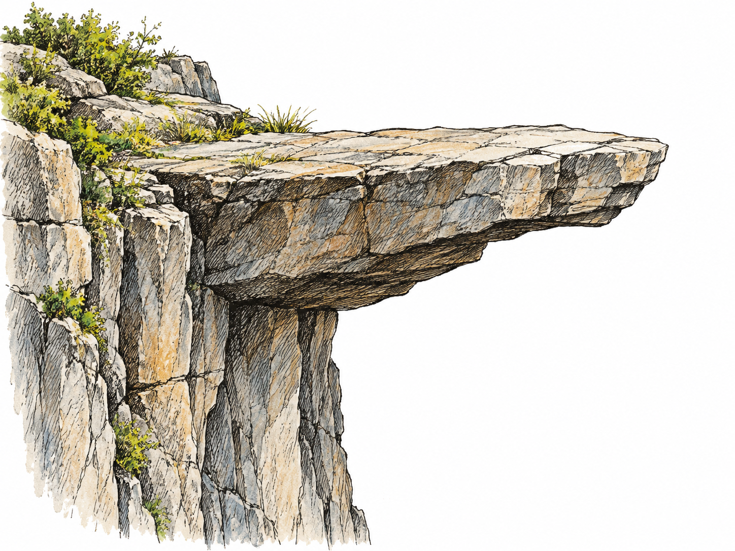 A rock ledge projects outward beyond a vertical cliff face in a small isolated geology vignette; visibly sticking out.