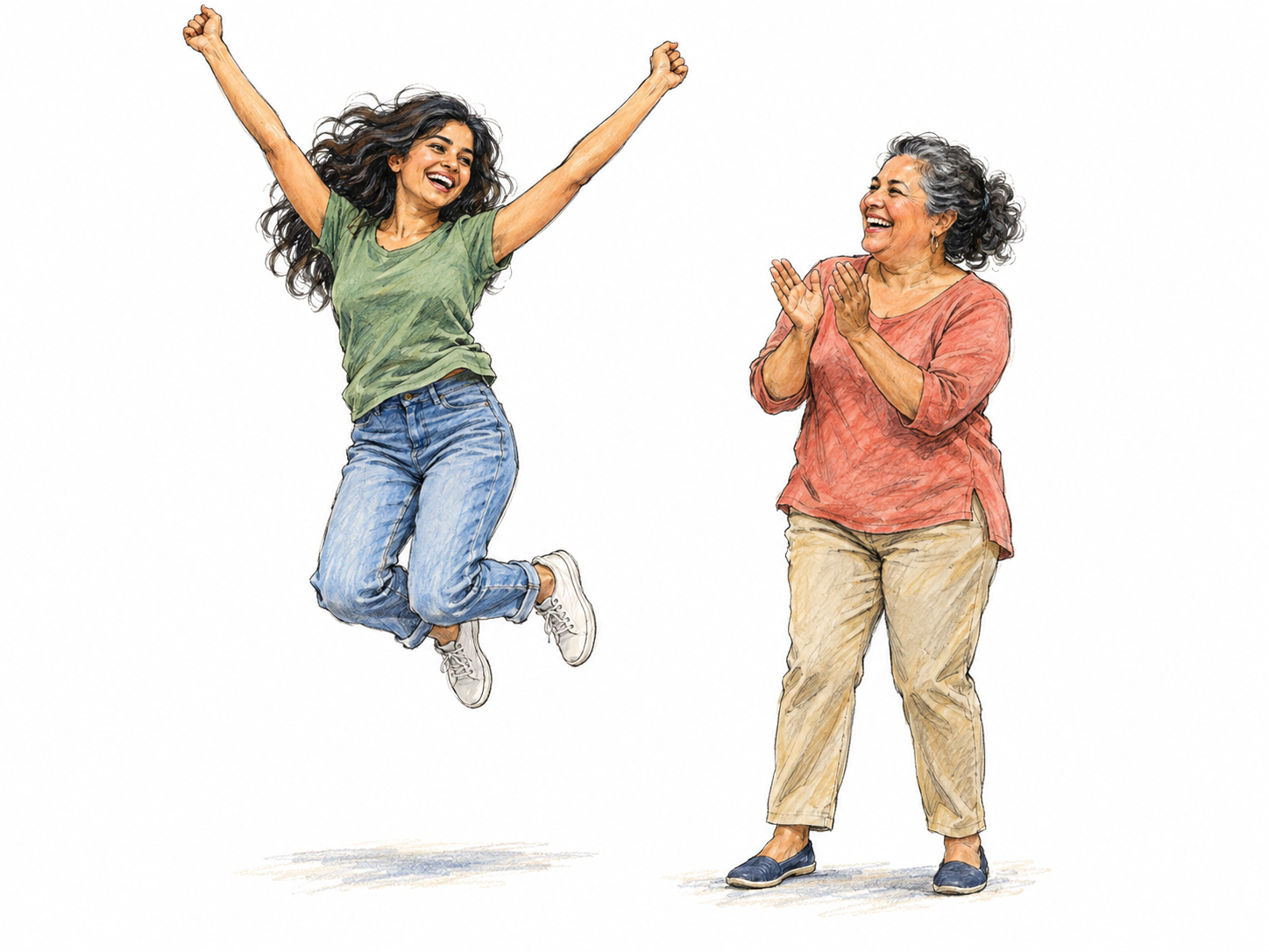 A young woman makes a spontaneous joyful leap, arms lifted and face beaming, while an older woman beside her laughs and claps.
