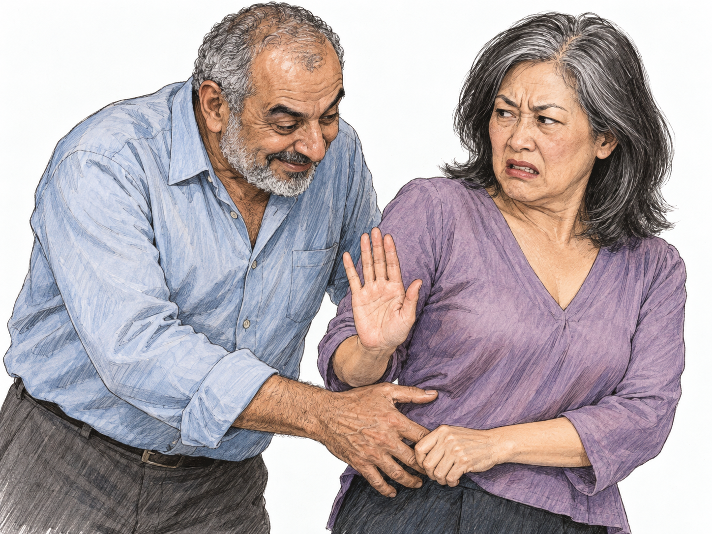 An older man leers at a woman's neckline and reaches toward her waist despite her visibly blocking his hand and pulling away.