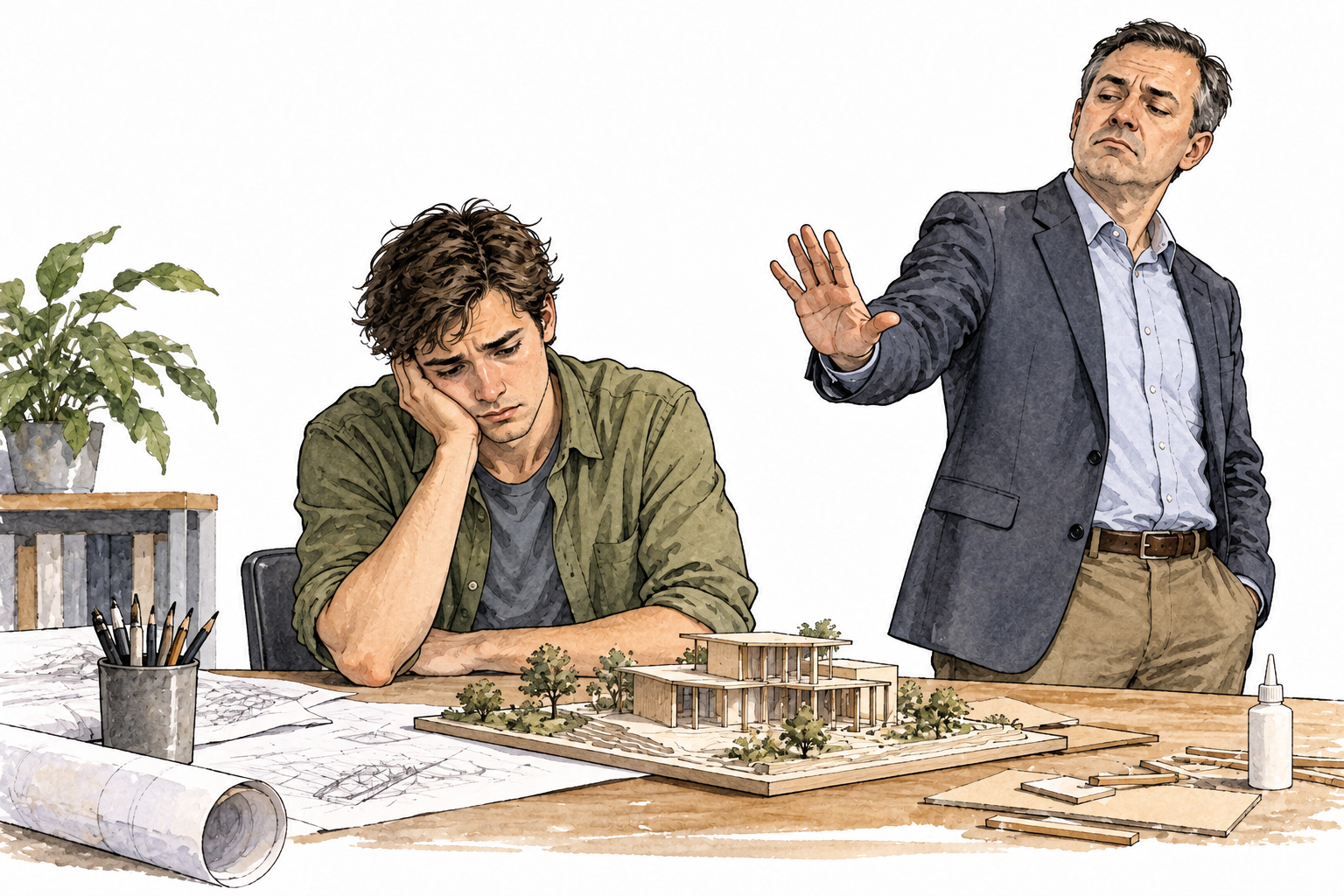 A young adult worker's enthusiasm fades after a supervisor dismissively rejects a carefully made project, slumped shoulders and unfinished model, no text.