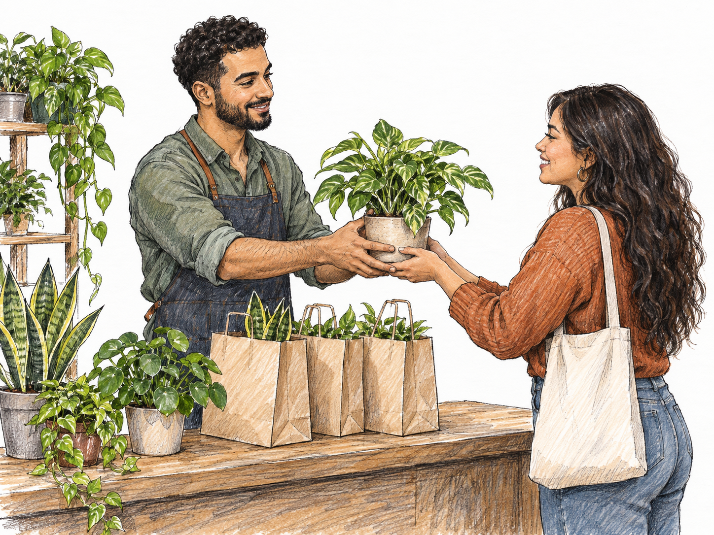 A thriving modern plant-shop owner smiles as a customer purchases a healthy potted plant; abundant well-tended stock and several prepared purchases suggest a flourishing business.