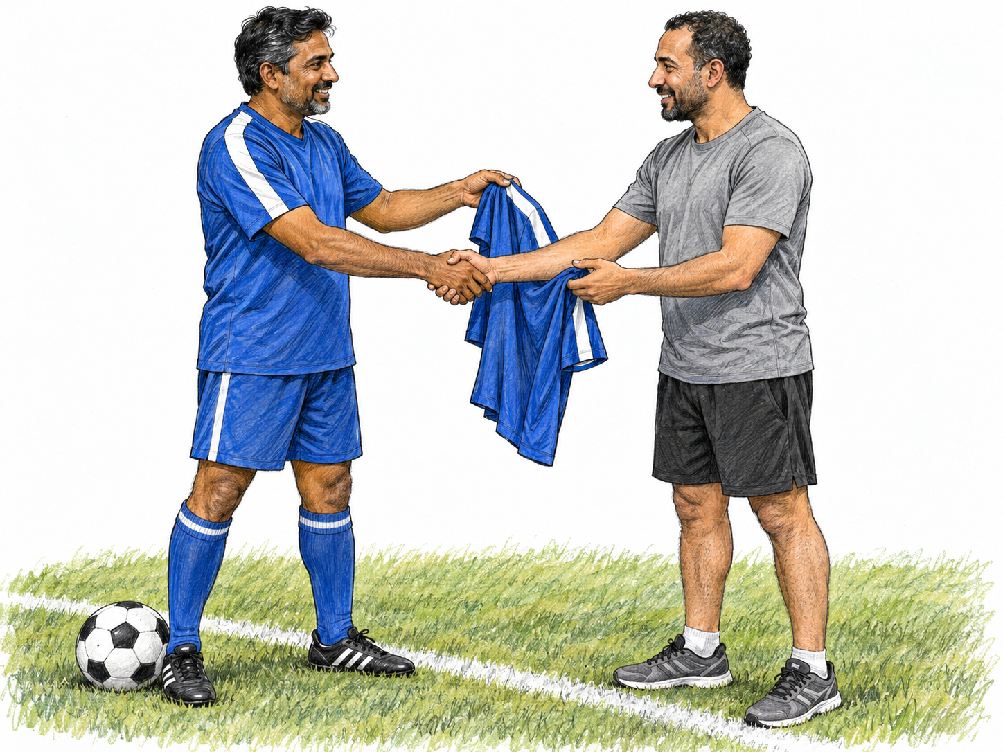 A recreational football team captain welcomes a new member with a handshake while handing him a jersey matching his own team kit.