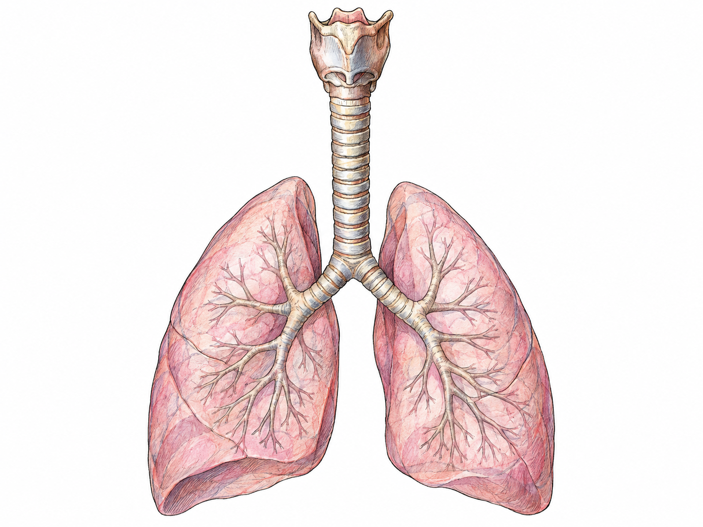 An isolated anatomical view of the ringed windpipe descending from the larynx and dividing into the two main bronchi entering the lungs.