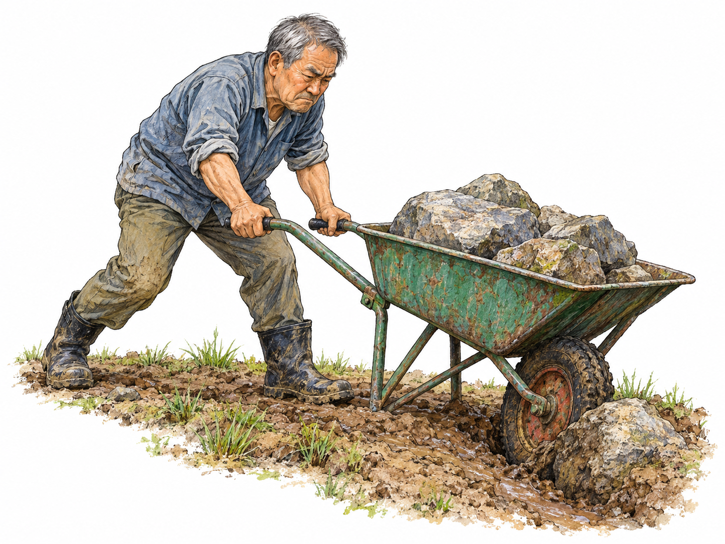 An older man strains to push a loaded wheelbarrow whose front wheel is lodged against a rock in a muddy rut.