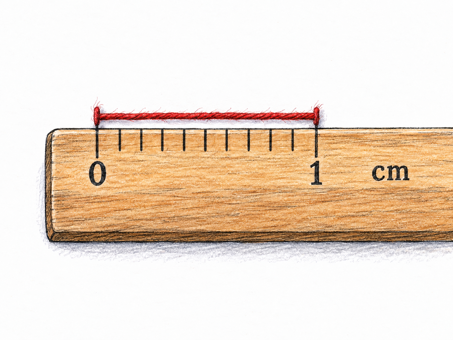 Wooden metric ruler beside a short red thread extending exactly from tick0 to tick1, ten tiny subdivisions between; only necessary functional ruler marks 0,1 and cm.