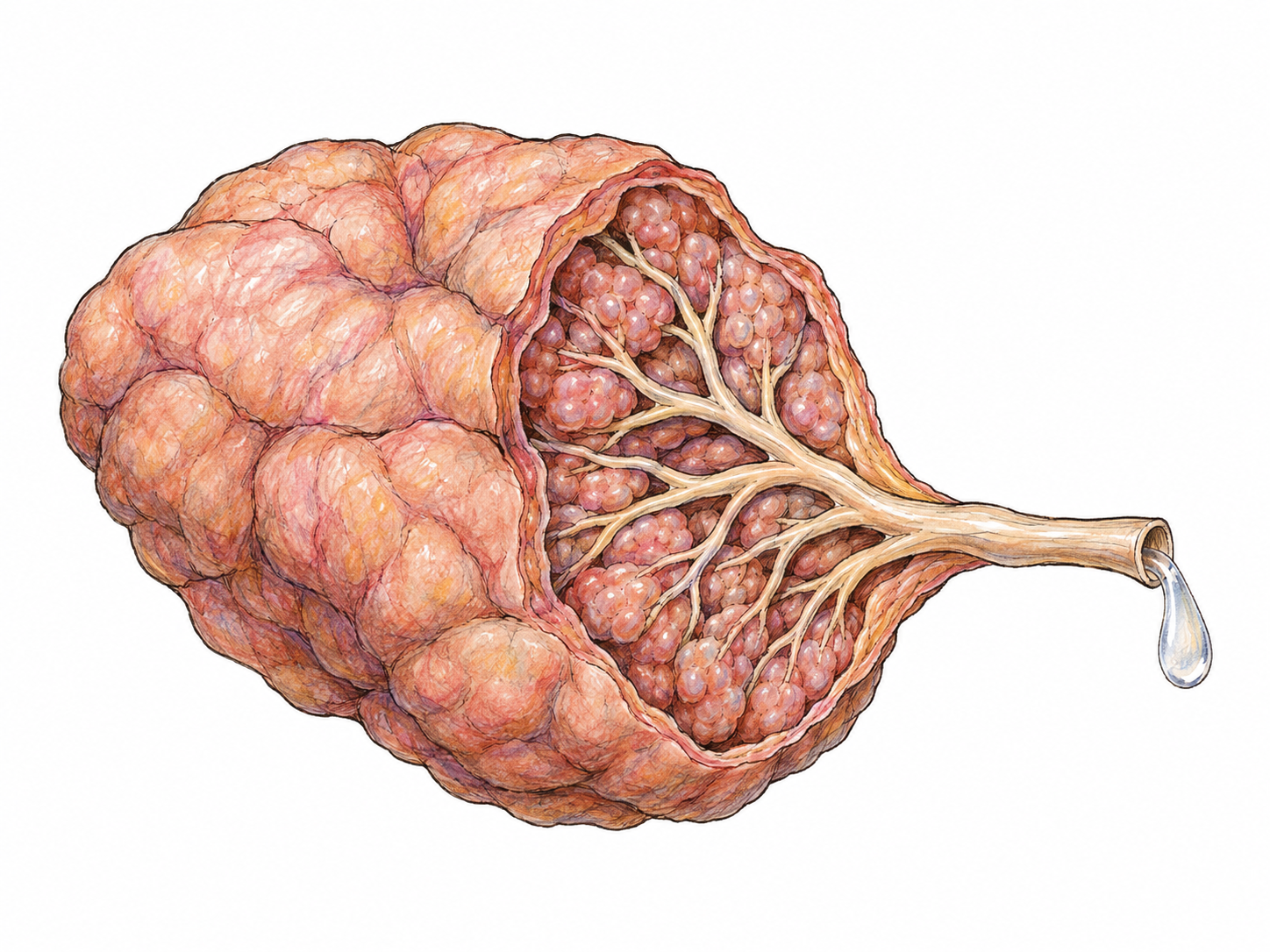 An isolated anatomical cutaway of a salivary gland shows clustered secretory lobules feeding branching ducts that converge into one outlet, with a clear droplet emerging.