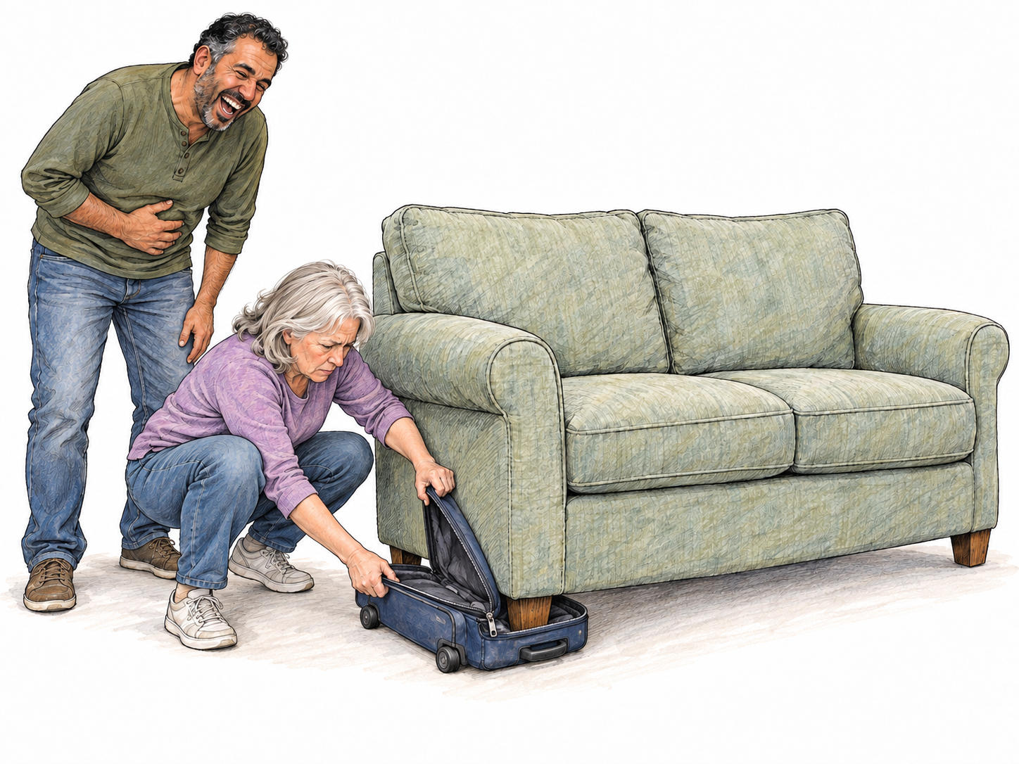 An older woman earnestly tries to pack a full-size sofa into a small suitcase, while a nearby man cannot contain his laughter.