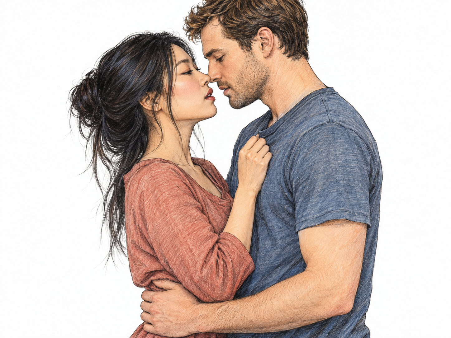 A man and woman of similar adult ages lean toward an imminent kiss with intense mutual attraction, distinguished from a friendly embrace by their gaze at each other's lips and close face-to-face posture.