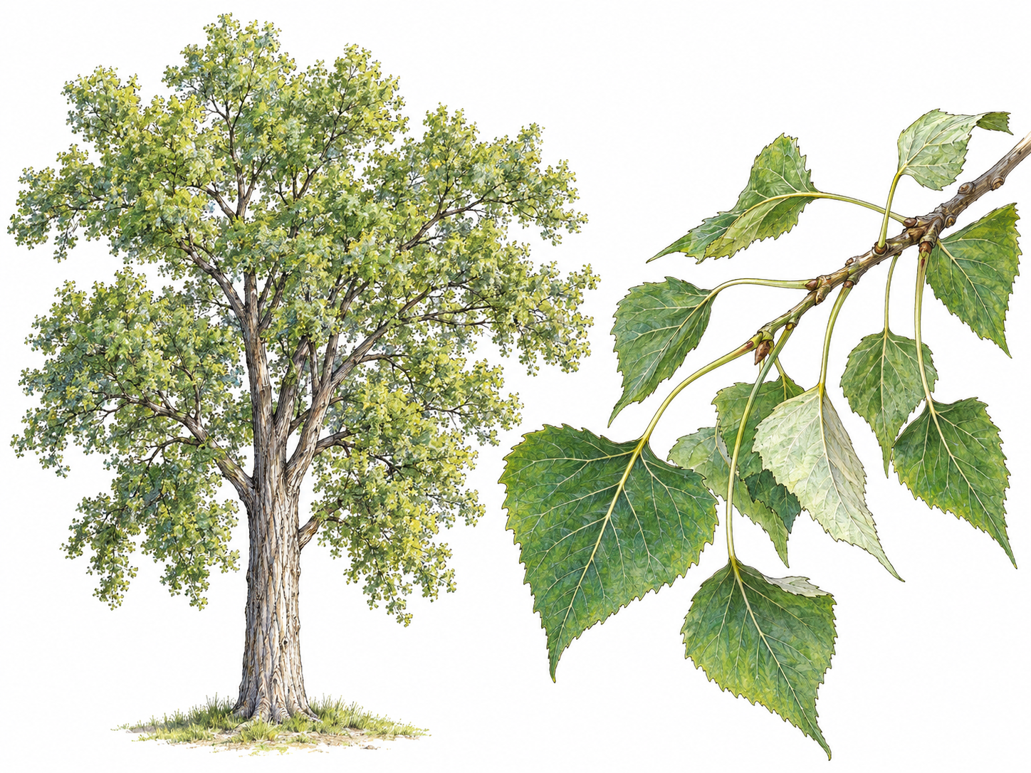 A botanically recognizable poplar with pale furrowed bark and a loose leafy crown, paired with a close foreground branch showing triangular toothed leaves on flattened stalks, turned at varied angles in a light breeze.