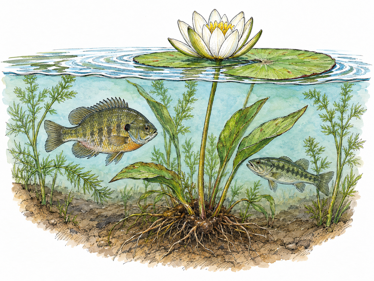 A simple cutaway pond view shows fish swimming among submerged water plants rooted in the pond bed, making life and growth in water immediately visible.
