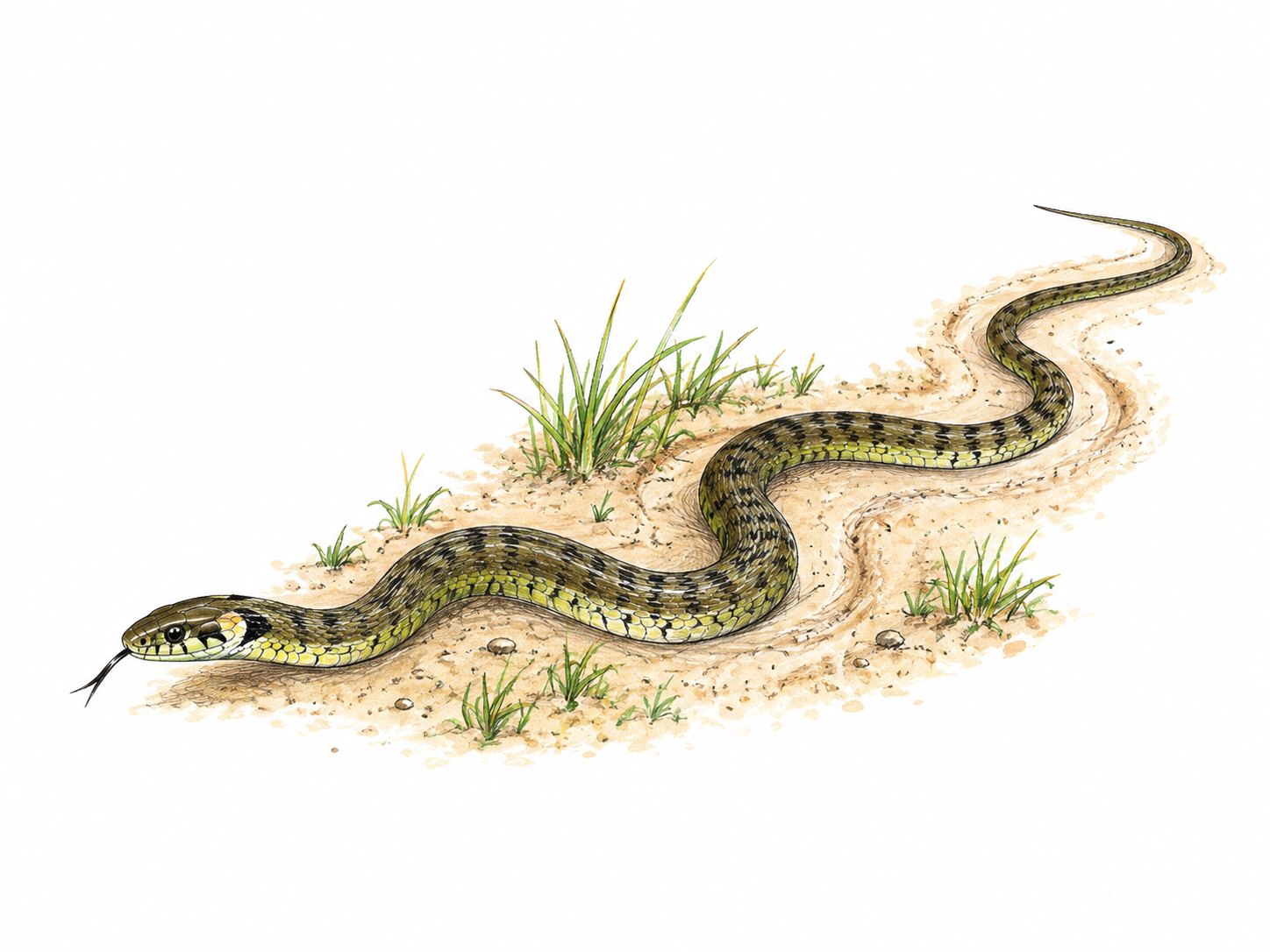 One harmless grass snake moves in a flowing S-shaped path across a tiny sand-and-grass patch, body in continuous contact with ground and a curved track behind.