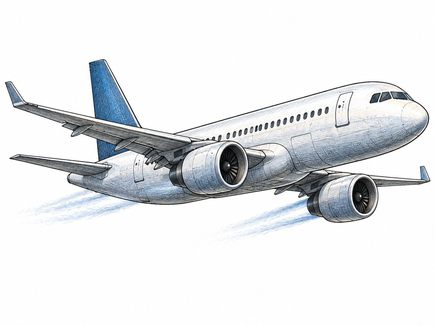 A modern jet aircraft in side three-quarter view shows two jet engines and a restrained exhaust-flow cue; no airline branding or aircraft labels.