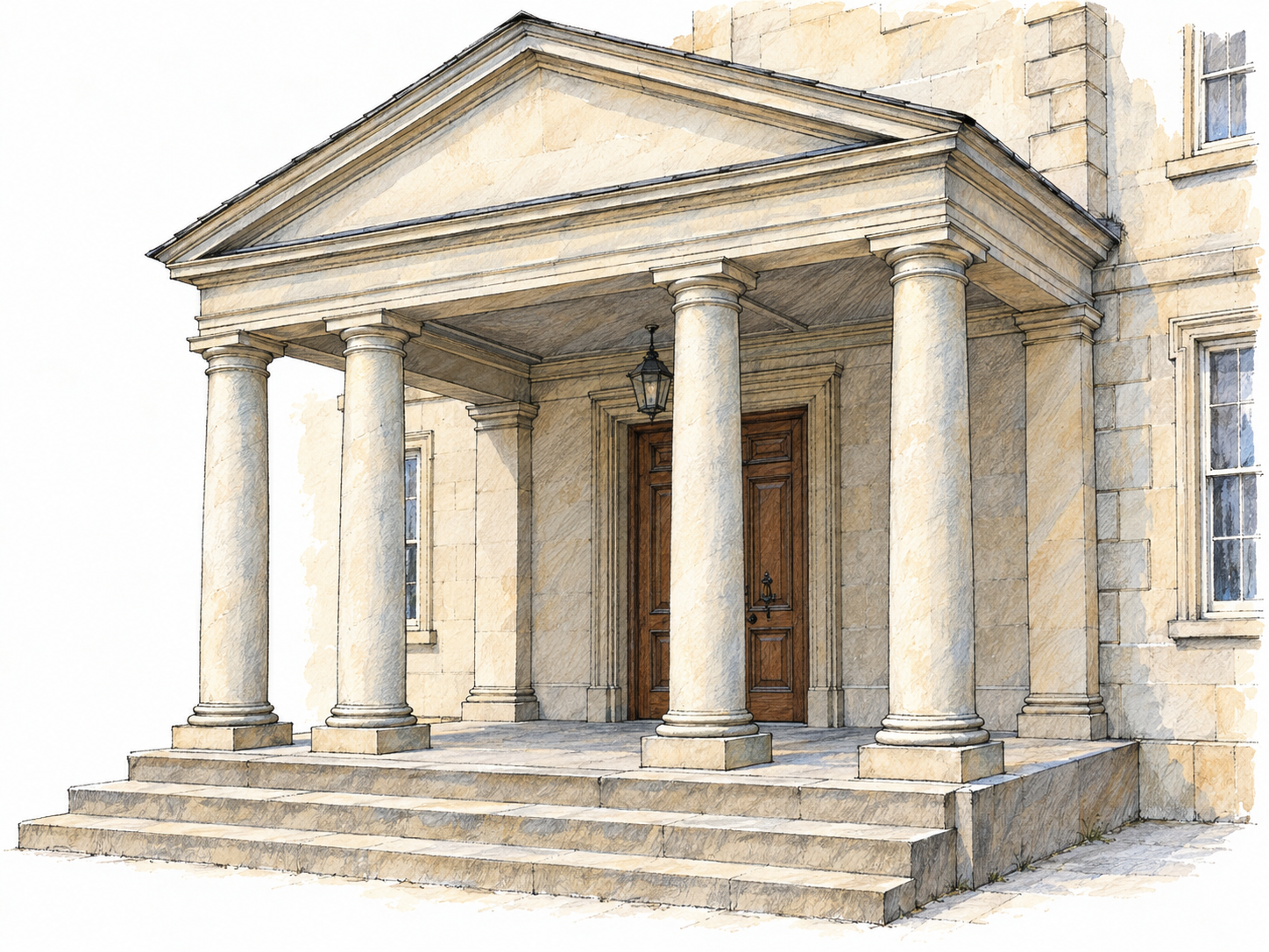 A clearly projecting entrance porch with a solid roof resting on columns, attached directly to a building around its front doorway.