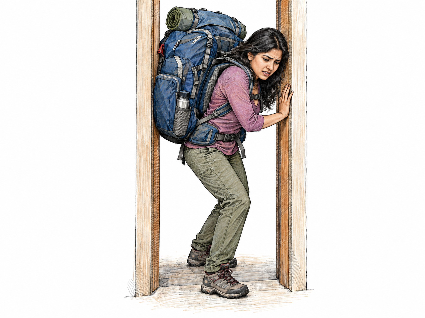 A traveler struggles through a narrow doorway with an oversized backpack that visibly catches on both sides of the frame, making the carried burden an actual hindrance.